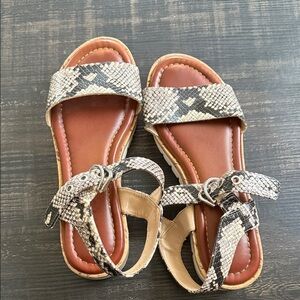 Snake-Print Ankle-Strap Sandals in Beige and Black
